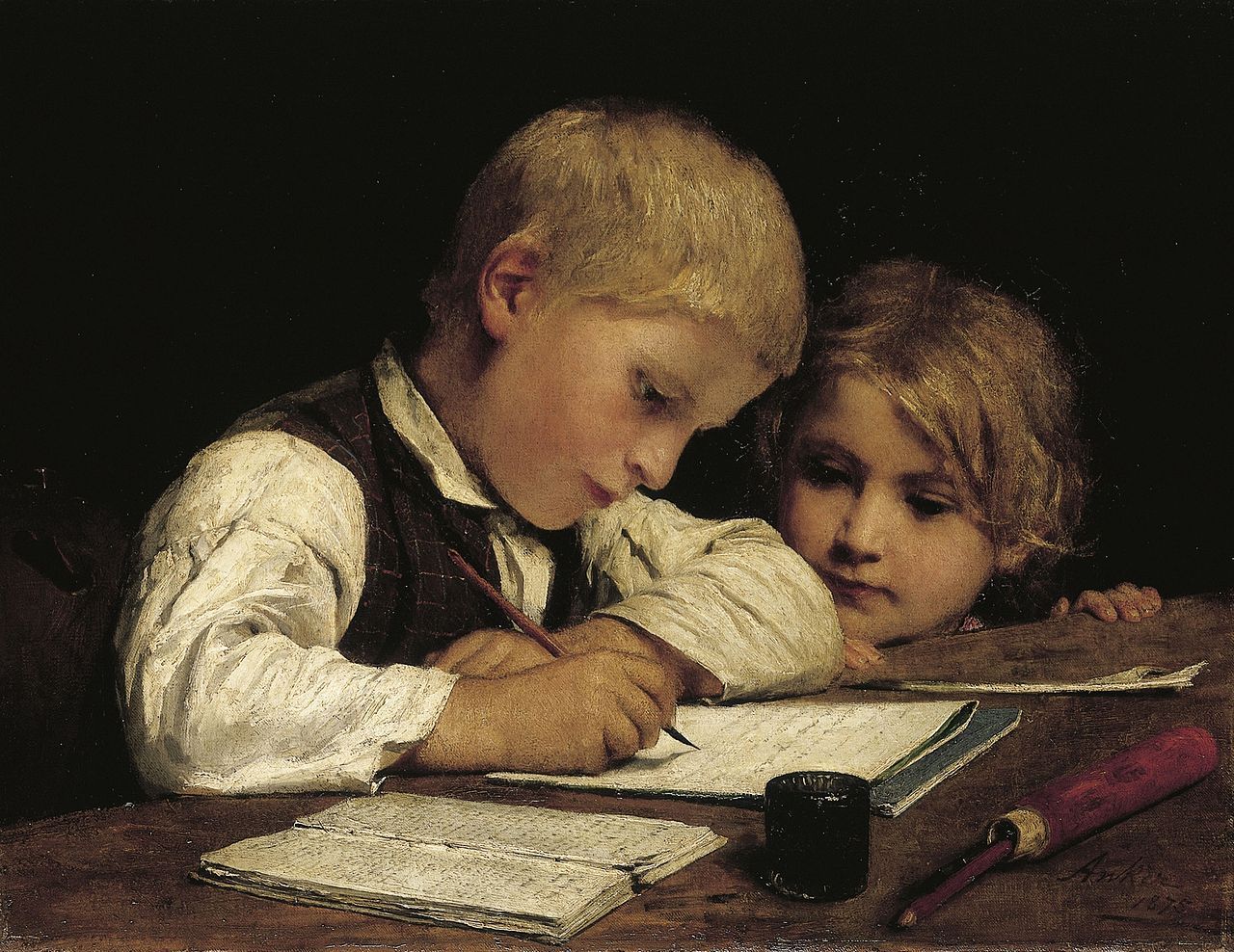 Альберт Анкер. Пишущий мальчик с сестрой. 1875