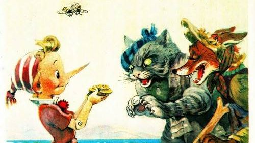 Буратино, лиса Алиса и кот Базилио. Иллюстрация Леонида Владимирского к книге "Золотой ключик, или Приключения Буратино" 1956 года