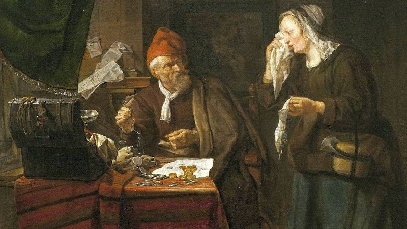 Габриэль Метсю. Ростовщик и плачущая женщина. Фрагмент. 1654